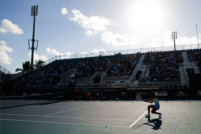 Mar 26, 2023; Miami, Florida, US; Madison Keys (USA) hits a backhand against Barbora Krejcikova (CZE) (not pictured) on day seven of the Miami Open at Hard Rock Stadium. Mandatory Credit: Geoff Burke-USA TODAY Sports/Sipa USA - Photo by Icon sport